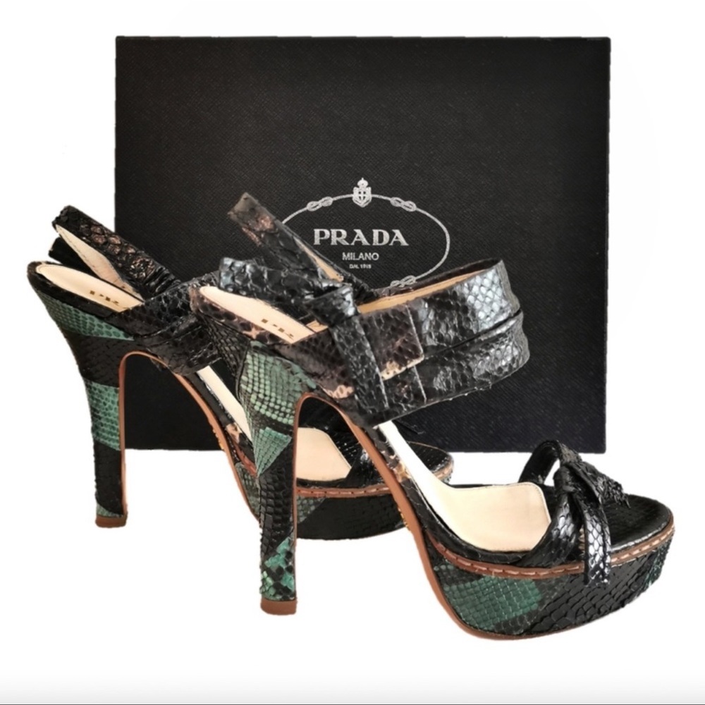 Prada Black Snake Leather Twist Knot Block Sandal… - image 1